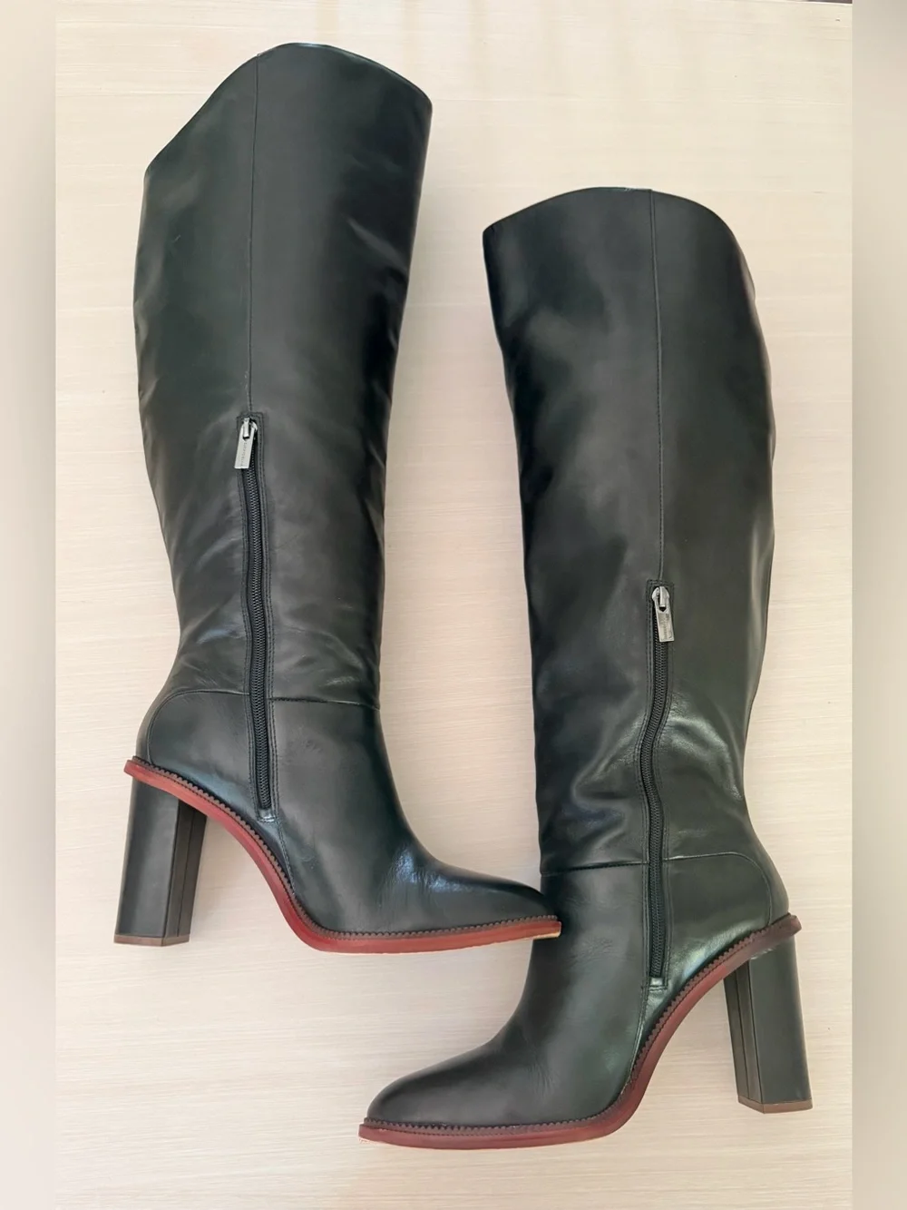 Vince Camuto Black Leather Over-the-Knee Boots with Brown Trim